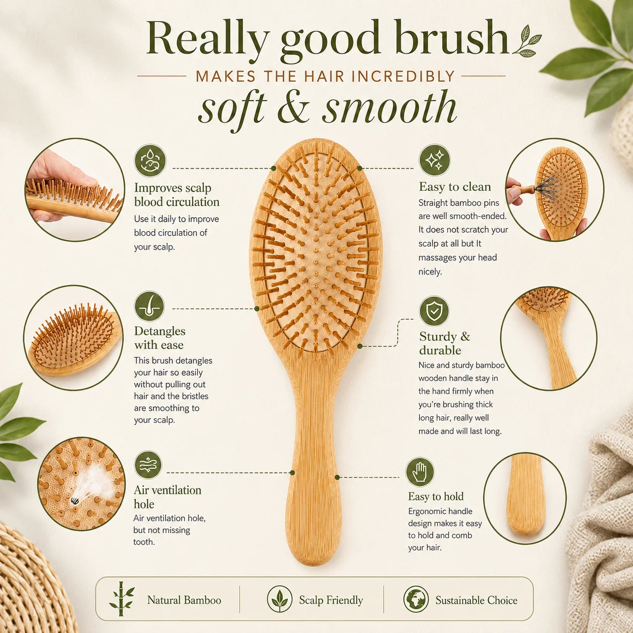 Bamboo Paddle Hair Brush (Oval)